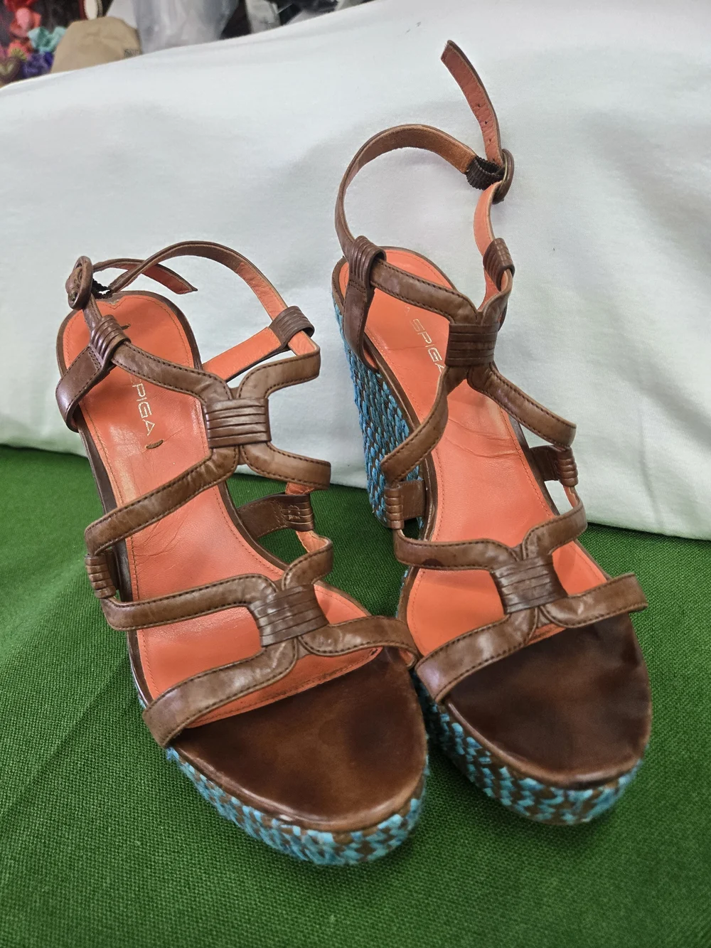 Via Spiga Brown Leather Strappy Platforms with Turquoise Woven Heel